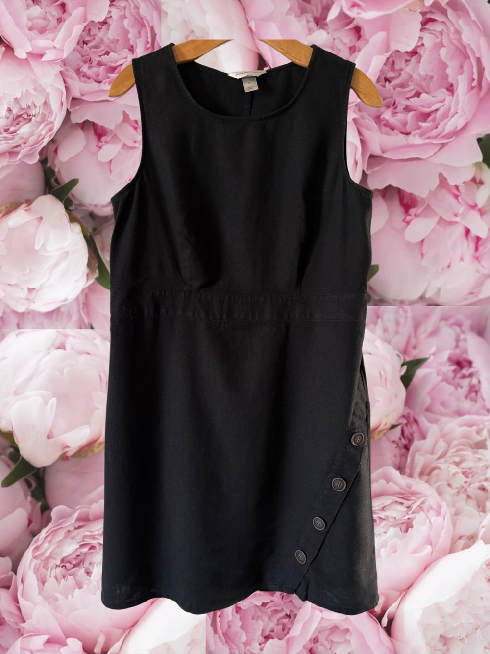 Black Linen Sleeveless Dress Button Detail